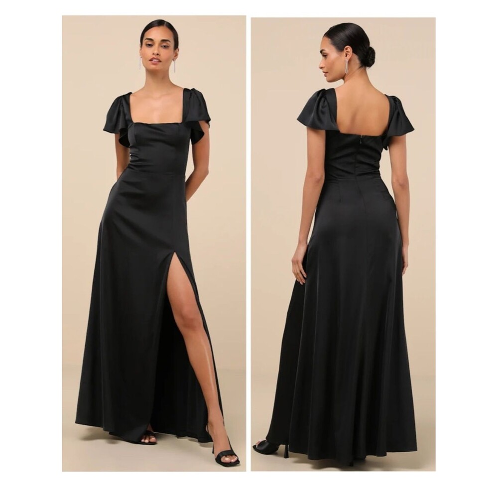 Lulus Ultimate Sweetness Black Satin Flutter Sleeve Maxi Dress Size Medium